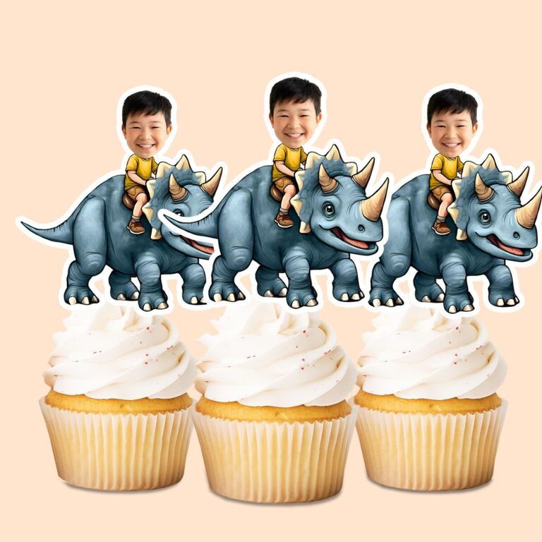 Custom Rider on a Gray Horned Yellow Shirt Face Cutout – Cupcake Topper Custom Rider on a Gray Horned Yellow Shirt Face Cutout shown on a cupcake topper mockup