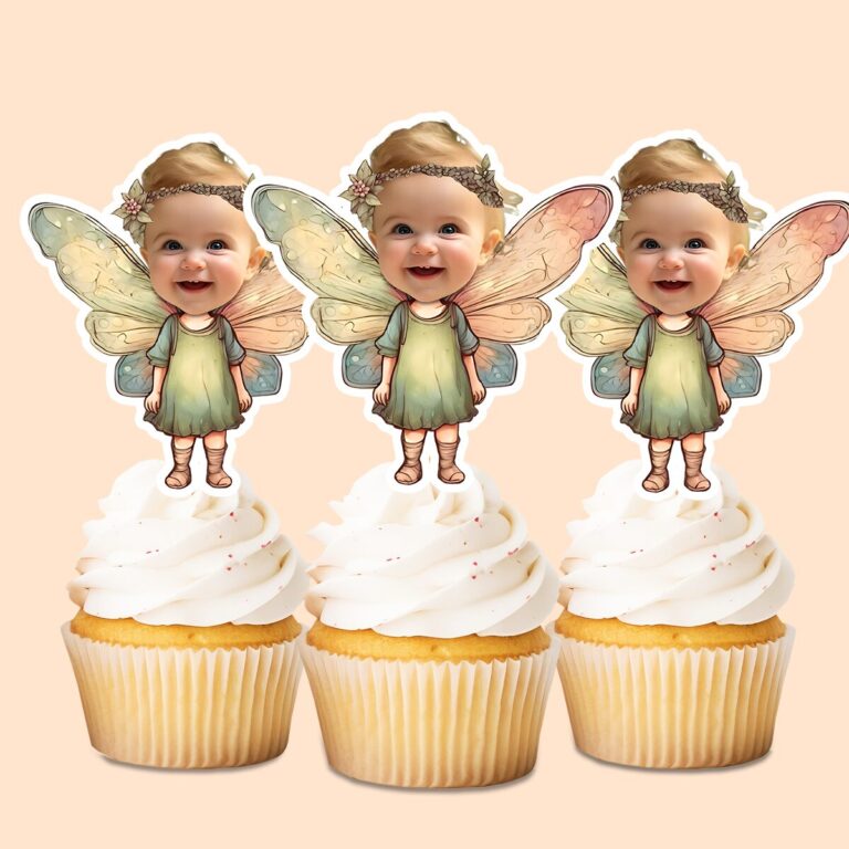 Custom Pastel Woodland Fairy Face Cutout – Cupcake Topper Custom Pastel Woodland Fairy Face Cutout shown on a cupcake topper mockup