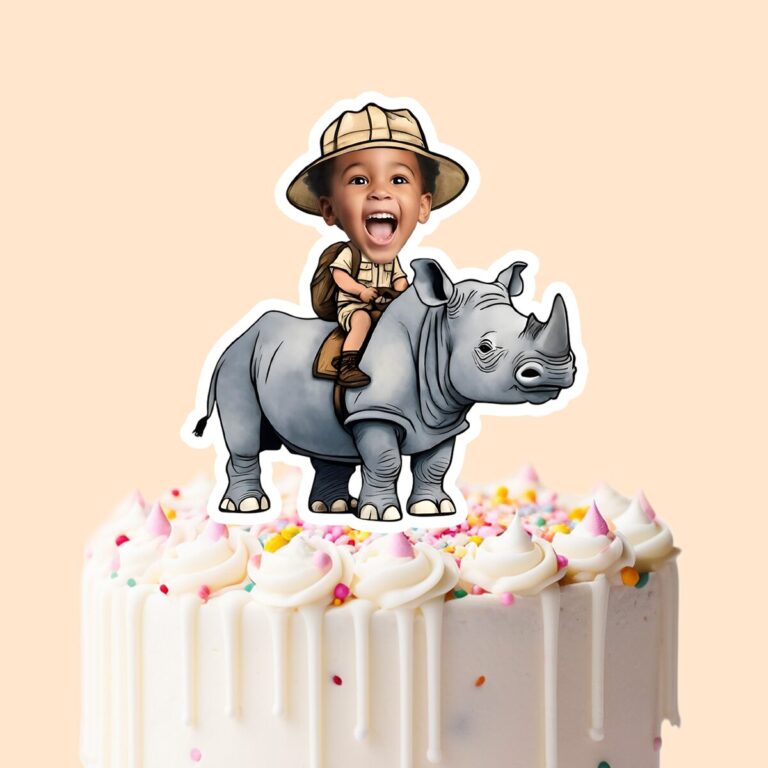 Custom Rhinoceros Safari Rider Face Cutout – Cake Topper Custom Rhinoceros Safari Rider Face Cutout shown on a cake topper mockup