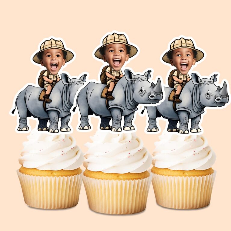 Custom Rhinoceros Safari Rider Face Cutout – Cupcake Topper Custom Rhinoceros Safari Rider Face Cutout shown on a cupcake topper mockup