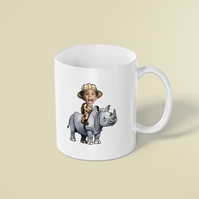 Custom Rhinoceros Safari Rider Face Cutout – Mug Custom Rhinoceros Safari Rider Face Cutout shown on a mug mockup