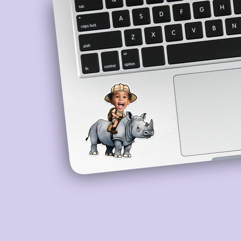Custom Rhinoceros Safari Rider Face Cutout – Sticker Custom Rhinoceros Safari Rider Face Cutout shown on a sticker mockup