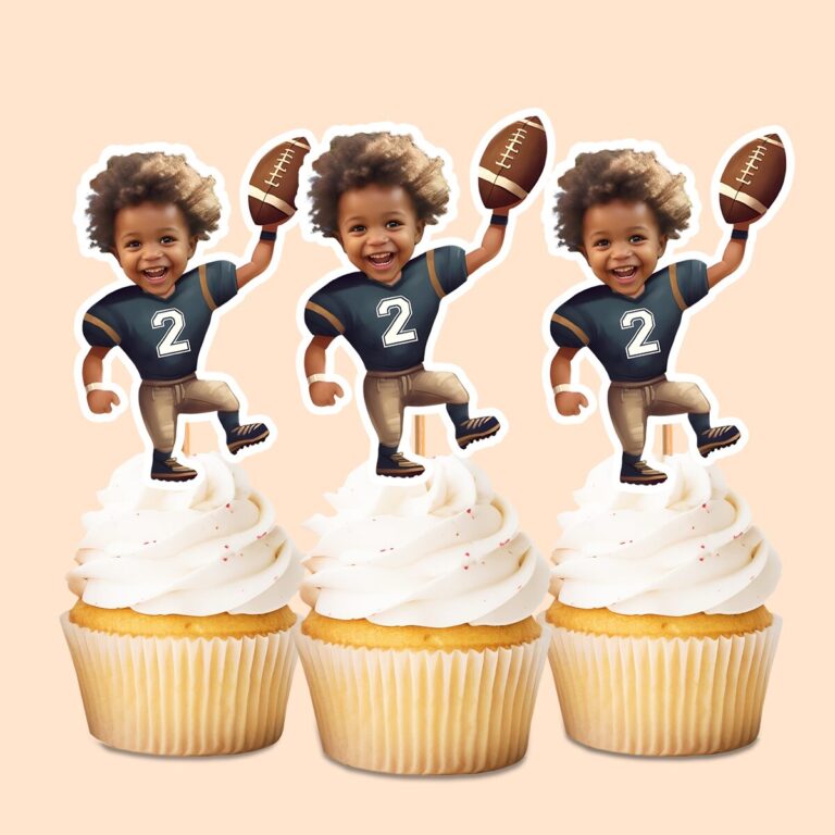 Custom Navy Number 2 Football Runner Face Cutout – Cupcake Topper Custom Navy Number 2 Football Runner Face Cutout shown on a cupcake topper mockup