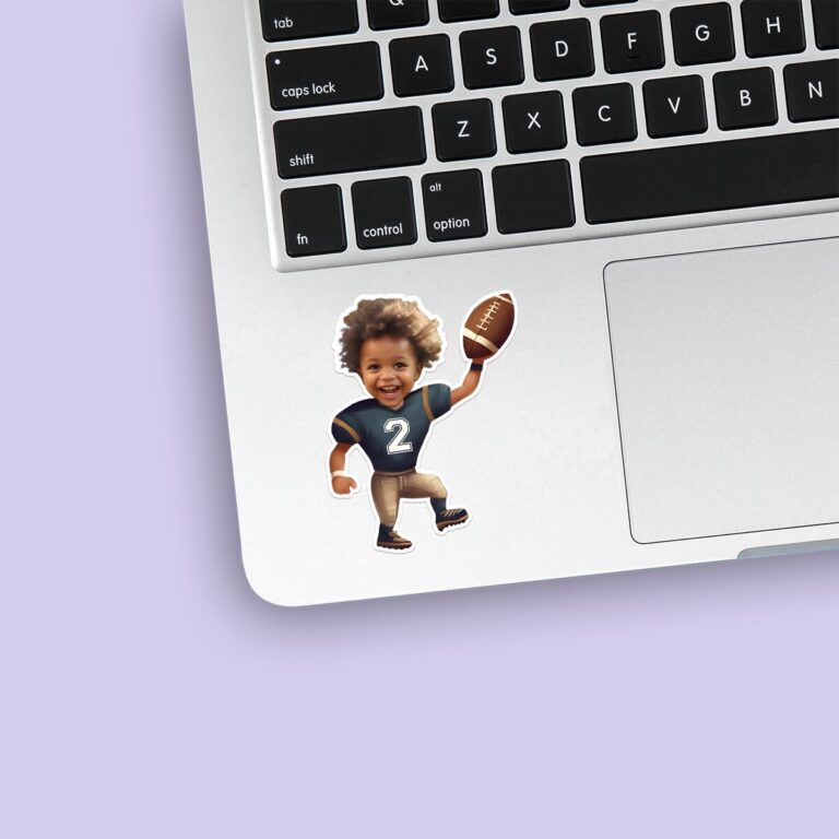 Custom Navy Number 2 Football Runner Face Cutout – Sticker Custom Navy Number 2 Football Runner Face Cutout shown on a sticker mockup