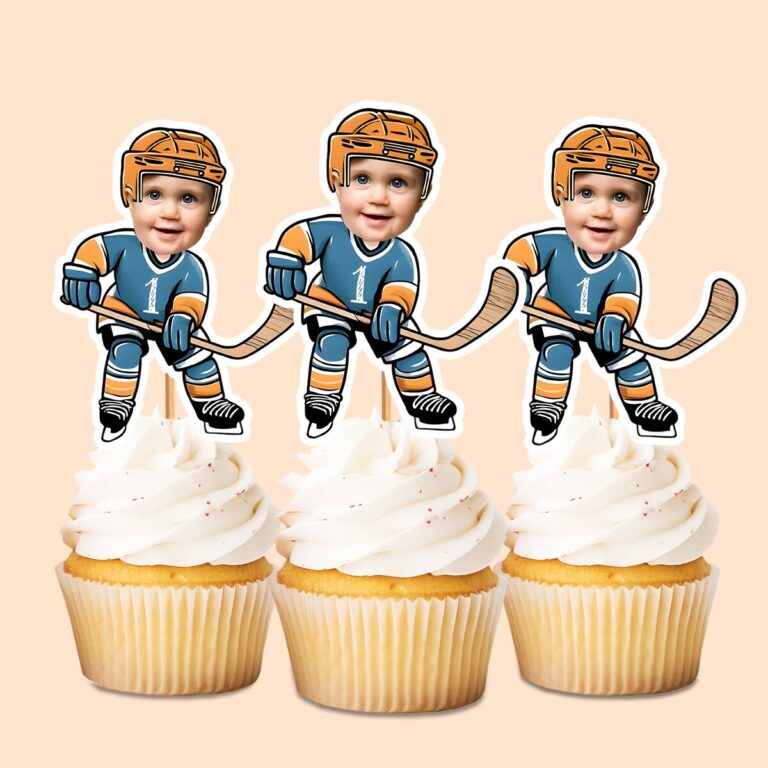 Custom Teal Number 1 Hockey Skater Face Cutout – Cupcake Topper Custom Teal Number 1 Hockey Skater Face Cutout shown on a cupcake topper mockup