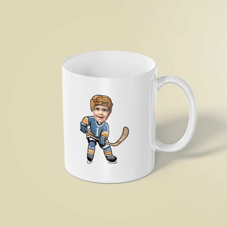 Custom Teal Number 1 Hockey Skater Face Cutout – Mug Custom Teal Number 1 Hockey Skater Face Cutout shown on a mug mockup