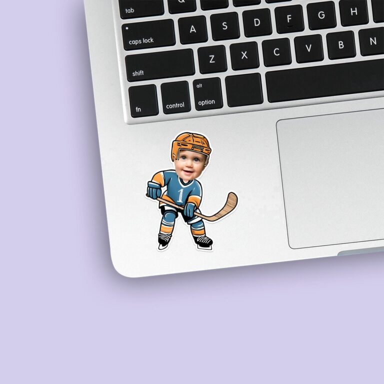 Custom Teal Number 1 Hockey Skater Face Cutout – Sticker Custom Teal Number 1 Hockey Skater Face Cutout shown on a sticker mockup