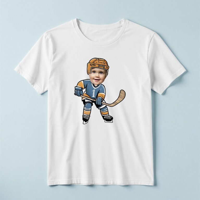 Custom Teal Number 1 Hockey Skater Face Cutout – T-shirt Custom Teal Number 1 Hockey Skater Face Cutout shown on a T-shirt mockup