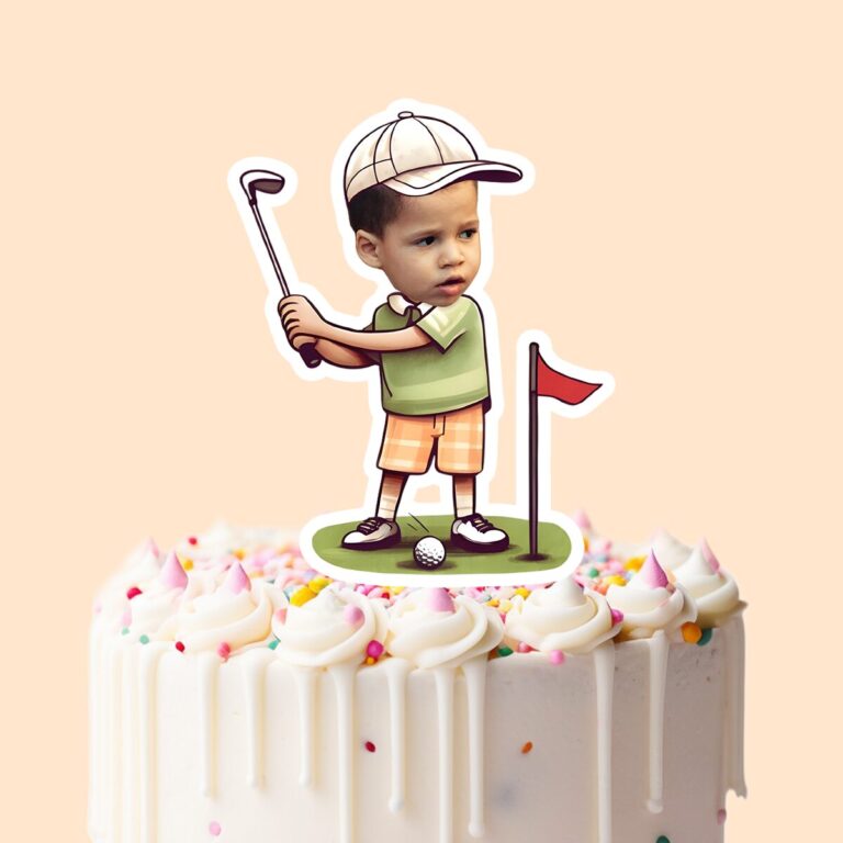 Custom Golfer Beside Flag Face Cutout – Cake Topper Custom Golfer Beside Flag Face Cutout shown on a cake topper mockup