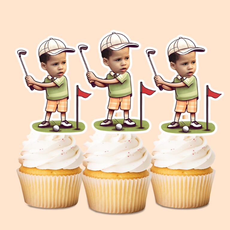 Custom Golfer Beside Flag Face Cutout – Cupcake Topper Custom Golfer Beside Flag Face Cutout shown on a cupcake topper mockup