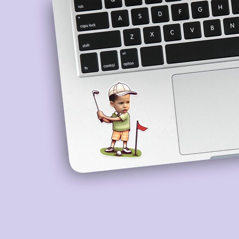 Custom Golfer Beside Flag Face Cutout – Sticker Custom Golfer Beside Flag Face Cutout shown on a sticker mockup