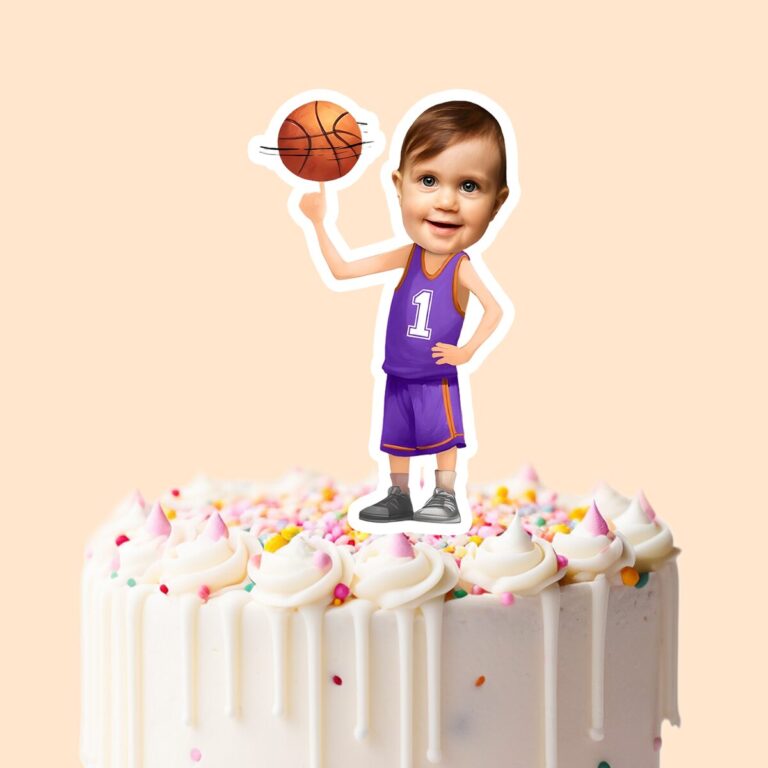 Custom Purple Number 1 Basketball Player Face Cutout – Cake Topper Custom Purple Number 1 Basketball Player Face Cutout shown on a cake topper mockup