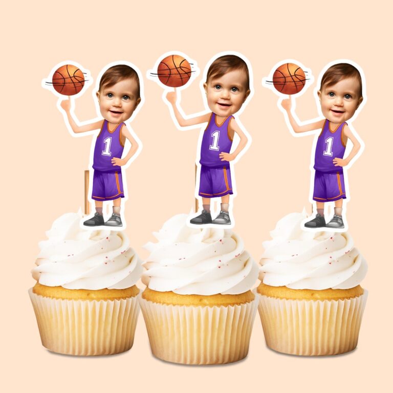 Custom Purple Number 1 Basketball Player Face Cutout – Cupcake Topper Custom Purple Number 1 Basketball Player Face Cutout shown on a cupcake topper mockup