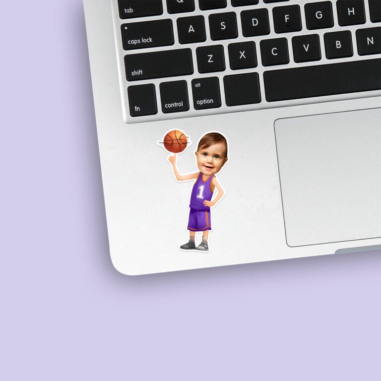 Custom Purple Number 1 Basketball Player Face Cutout – Sticker Custom Purple Number 1 Basketball Player Face Cutout shown on a sticker mockup