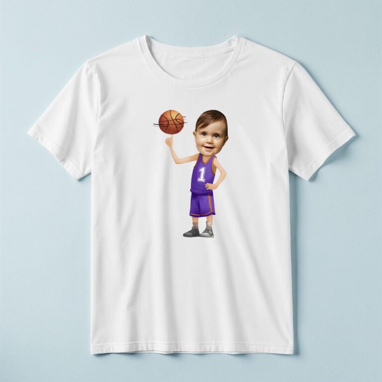 Custom Purple Number 1 Basketball Player Face Cutout – T-shirt Custom Purple Number 1 Basketball Player Face Cutout shown on a T-shirt mockup