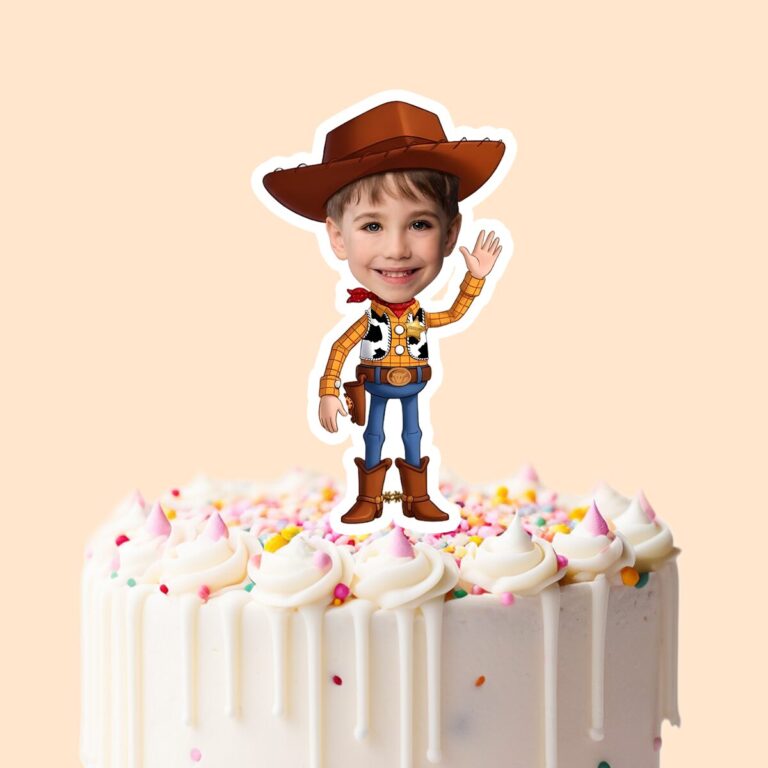 Custom Cowboy Sheriff Waving Face Cutout – Cake Topper Custom Cowboy Sheriff Waving Face Cutout shown on a cake topper mockup