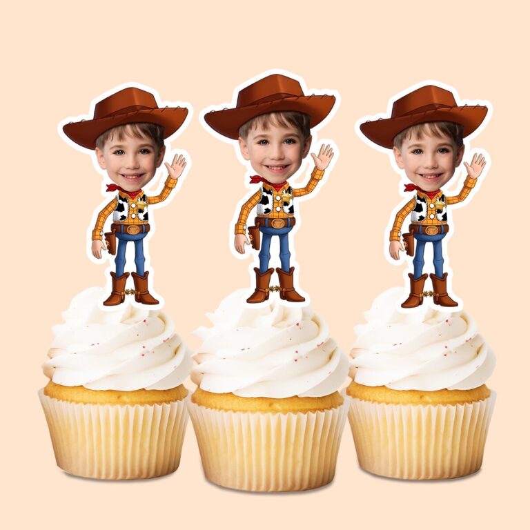 Custom Cowboy Sheriff Waving Face Cutout – Cupcake Topper Custom Cowboy Sheriff Waving Face Cutout shown on a cupcake topper mockup