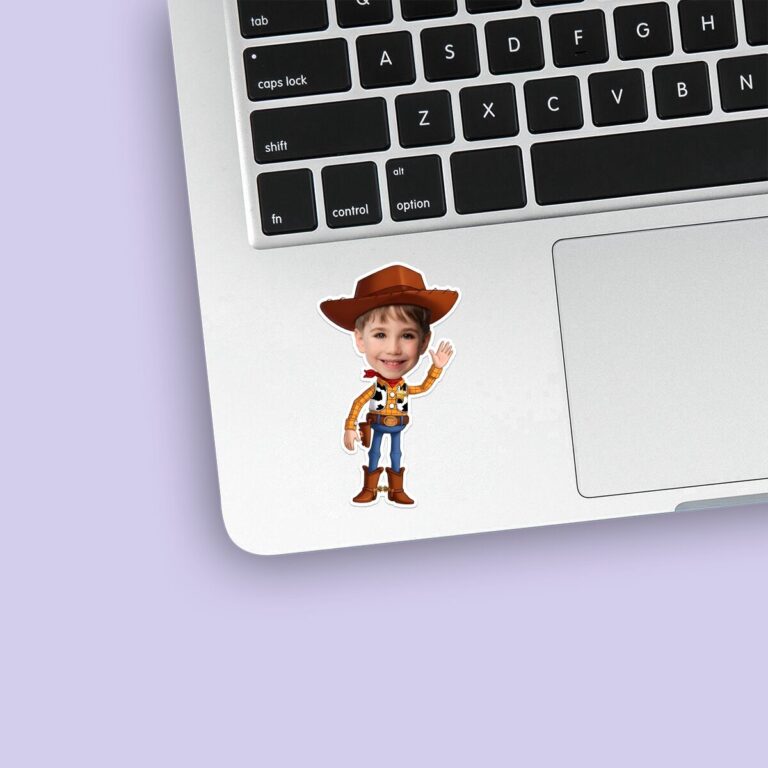 Custom Cowboy Sheriff Waving Face Cutout – Sticker Custom Cowboy Sheriff Waving Face Cutout shown on a sticker mockup