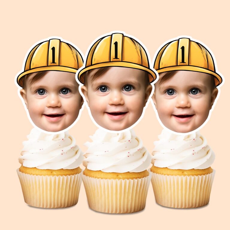 Custom Construction Worker Portrait Face Cutout – Cupcake Topper Custom Construction Worker Portrait Face Cutout shown on a cupcake topper mockup