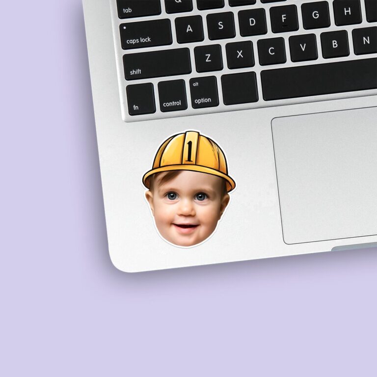Custom Construction Worker Portrait Face Cutout – Sticker Custom Construction Worker Portrait Face Cutout shown on a sticker mockup