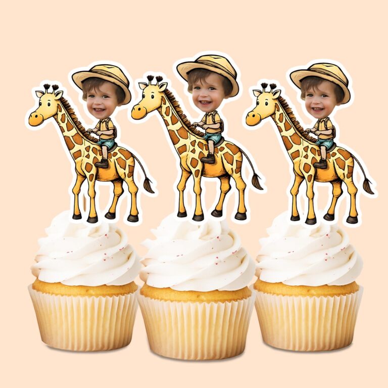 Custom Giraffe Safari Explorer Tan Pith Helmet Face Cutout – Cupcake Topper Custom Giraffe Safari Explorer Tan Pith Helmet Face Cutout shown on a cupcake topper mockup
