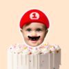 Custom Red Game-Hero Cap and Mustache Portrait Face Cutout – Cake Topper Custom Red Game-Hero Cap and Mustache Portrait Face Cutout shown on a cake topper mockup