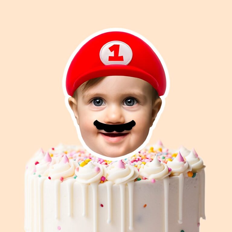 Custom Red Game-Hero Cap and Mustache Portrait Face Cutout – Cake Topper Custom Red Game-Hero Cap and Mustache Portrait Face Cutout shown on a cake topper mockup