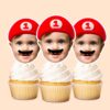 Custom Red Game-Hero Cap and Mustache Portrait Face Cutout – Cupcake Topper Custom Red Game-Hero Cap and Mustache Portrait Face Cutout shown on a cupcake topper mockup