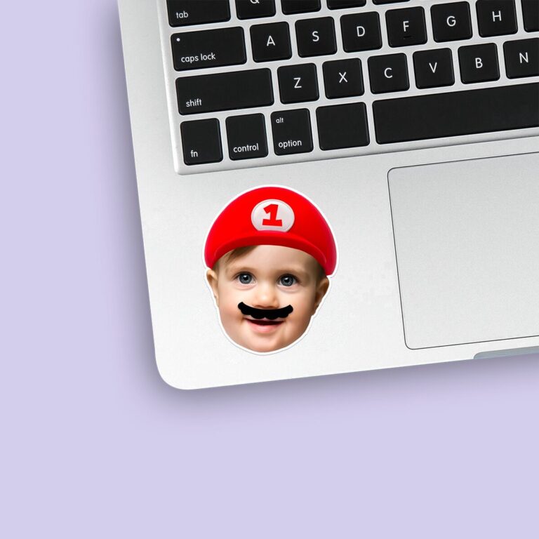 Custom Red Game-Hero Cap and Mustache Portrait Face Cutout – Sticker Custom Red Game-Hero Cap and Mustache Portrait Face Cutout shown on a sticker mockup