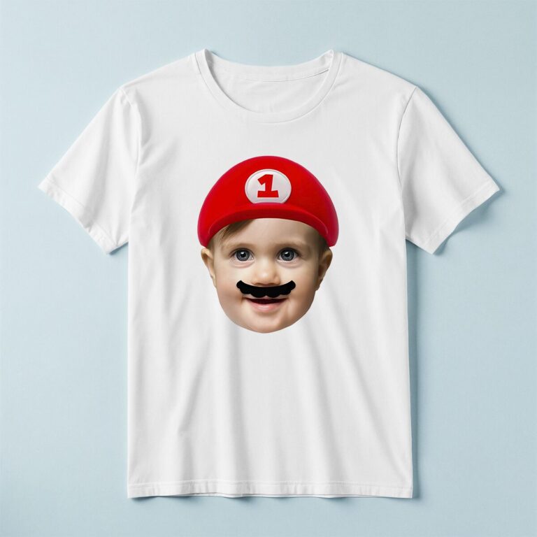 Custom Red Game-Hero Cap and Mustache Portrait Face Cutout – T-shirt Custom Red Game-Hero Cap and Mustache Portrait Face Cutout shown on a T-shirt mockup