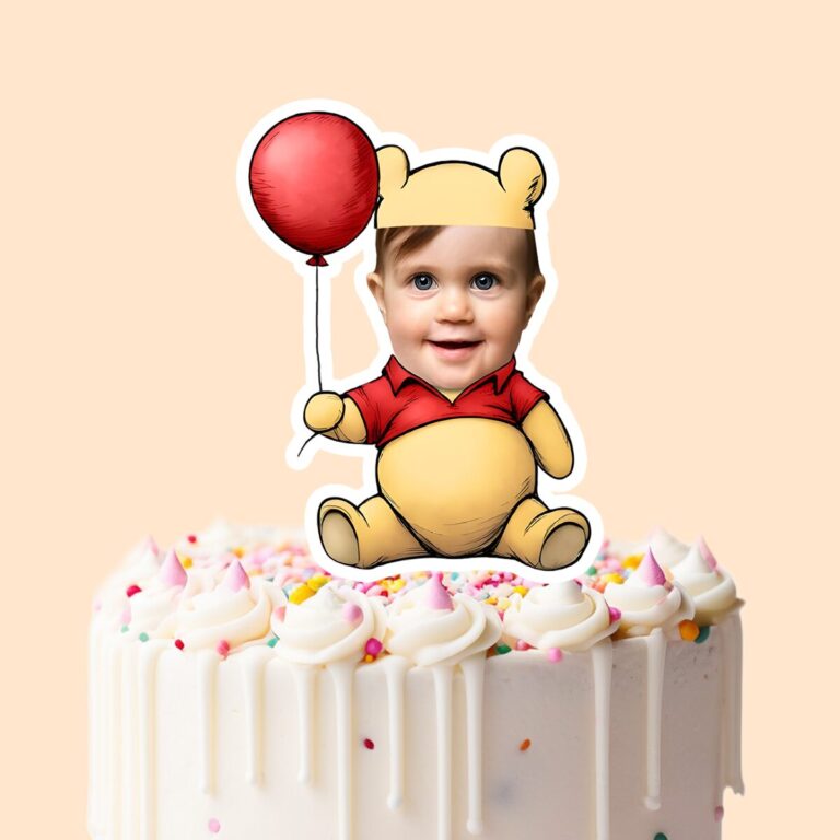 Custom Golden Bear Costume Holding a Balloon Face Cutout – Cake Topper Custom Golden Bear Costume Holding a Balloon Face Cutout shown on a cake topper mockup