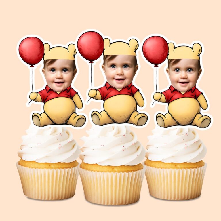 Custom Golden Bear Costume Holding a Balloon Face Cutout – Cupcake Topper Custom Golden Bear Costume Holding a Balloon Face Cutout shown on a cupcake topper mockup
