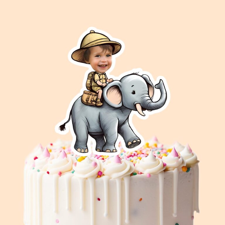 Custom Elephant Safari Friendly Elephant Face Cutout – Cake Topper Custom Elephant Safari Friendly Elephant Face Cutout shown on a cake topper mockup