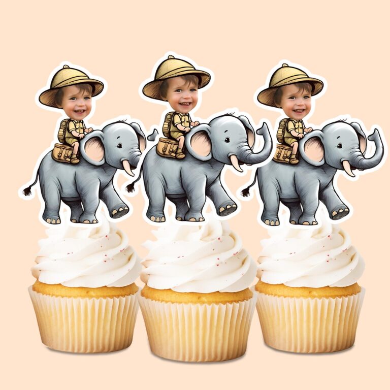 Custom Elephant Safari Friendly Elephant Face Cutout – Cupcake Topper Custom Elephant Safari Friendly Elephant Face Cutout shown on a cupcake topper mockup