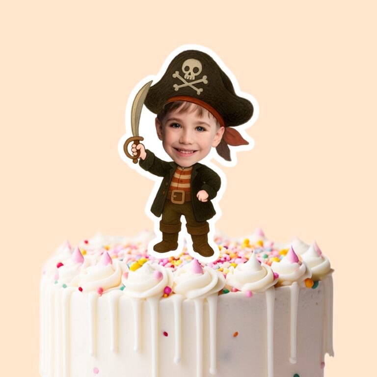 Custom Pirate Captain with Raised Sword Face Cutout – Cake Topper Custom Pirate Captain with Raised Sword Face Cutout shown on a cake topper mockup