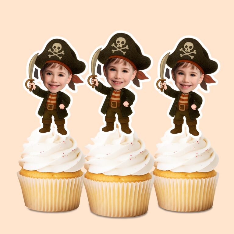 Custom Pirate Captain with Raised Sword Face Cutout – Cupcake Topper Custom Pirate Captain with Raised Sword Face Cutout shown on a cupcake topper mockup