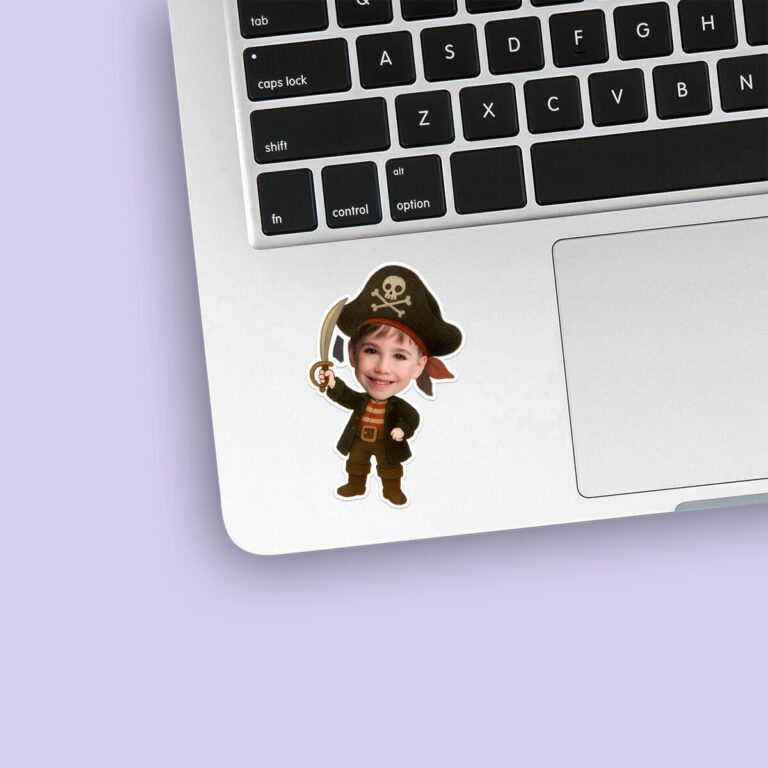 Custom Pirate Captain with Raised Sword Face Cutout – Sticker Custom Pirate Captain with Raised Sword Face Cutout shown on a sticker mockup
