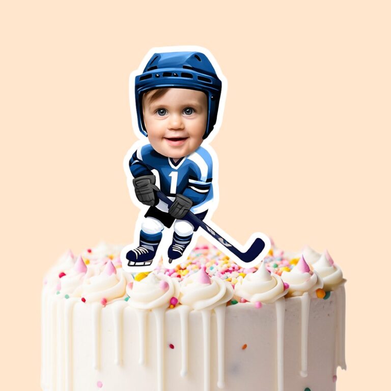 Custom Ice Hockey Player in a Ready Stance Face Cutout – Cake Topper Custom Ice Hockey Player in a Ready Stance Face Cutout shown on a cake topper mockup