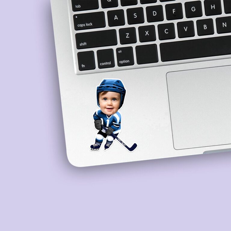 Custom Ice Hockey Player in a Ready Stance Face Cutout – Sticker Custom Ice Hockey Player in a Ready Stance Face Cutout shown on a sticker mockup