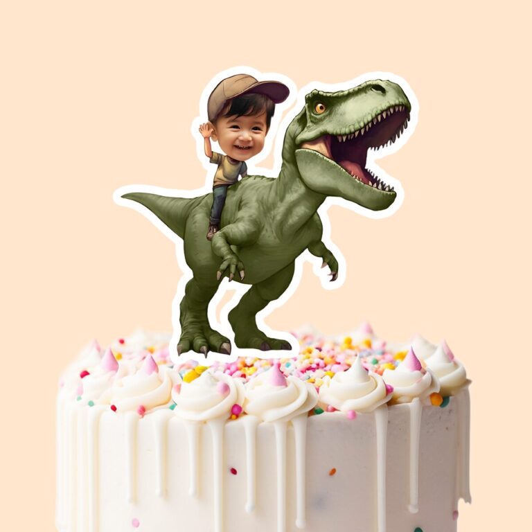 Custom Child Riding a Green Tyrannosaur Face Cutout – Cake Topper Custom Child Riding a Green Tyrannosaur Face Cutout shown on a cake topper mockup