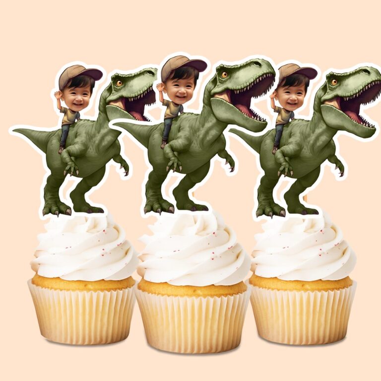 Custom Child Riding a Green Tyrannosaur Face Cutout – Cupcake Topper Custom Child Riding a Green Tyrannosaur Face Cutout shown on a cupcake topper mockup