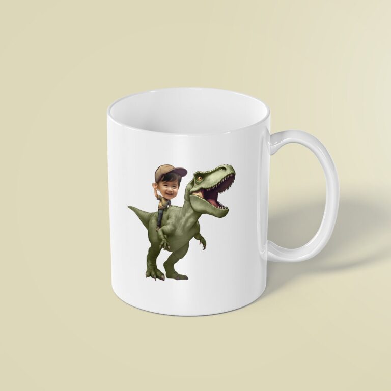 Custom Child Riding a Green Tyrannosaur Face Cutout – Mug Custom Child Riding a Green Tyrannosaur Face Cutout shown on a mug mockup
