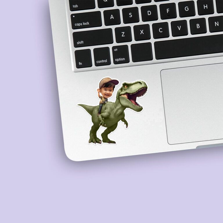 Custom Child Riding a Green Tyrannosaur Face Cutout – Sticker Custom Child Riding a Green Tyrannosaur Face Cutout shown on a sticker mockup