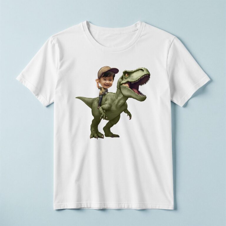 Custom Child Riding a Green Tyrannosaur Face Cutout – T-shirt Custom Child Riding a Green Tyrannosaur Face Cutout shown on a T-shirt mockup