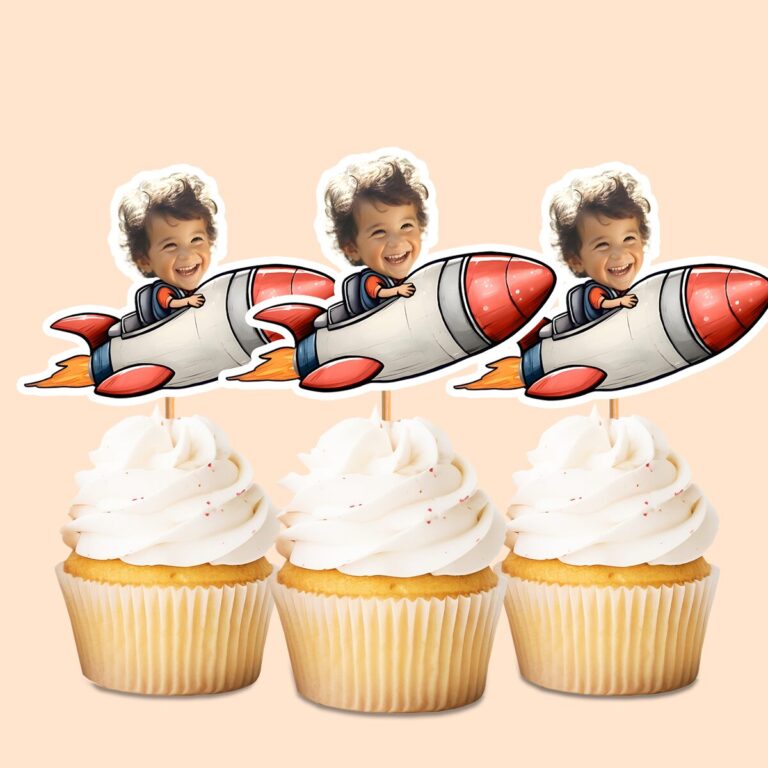 Custom Rocket Rider Flying Through Space Face Cutout – Cupcake Topper Custom Rocket Rider Flying Through Space Face Cutout shown on a cupcake topper mockup