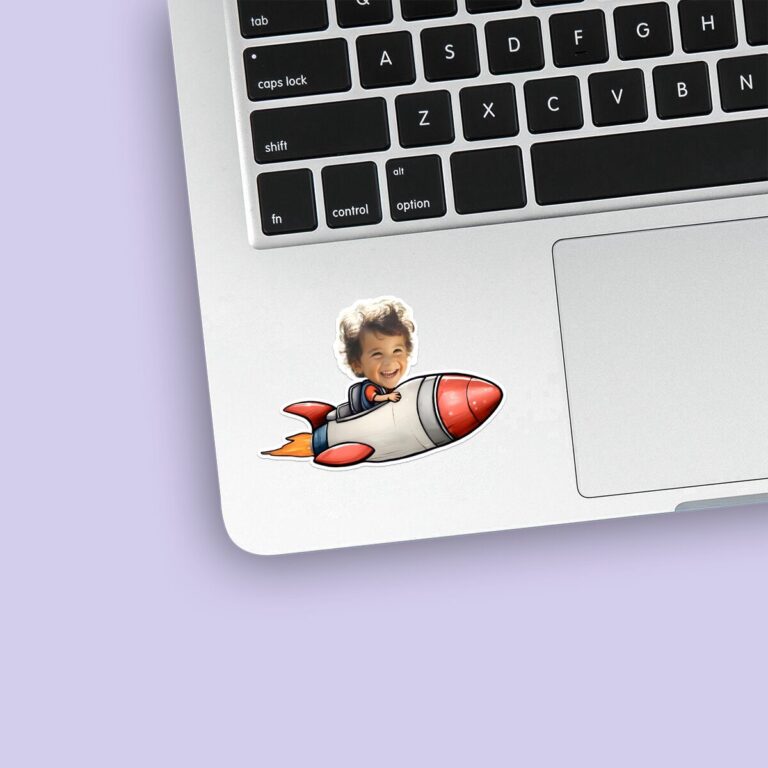 Custom Rocket Rider Flying Through Space Face Cutout – Sticker Custom Rocket Rider Flying Through Space Face Cutout shown on a sticker mockup