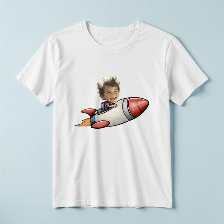Custom Rocket Rider Flying Through Space Face Cutout – T-shirt Custom Rocket Rider Flying Through Space Face Cutout shown on a T-shirt mockup