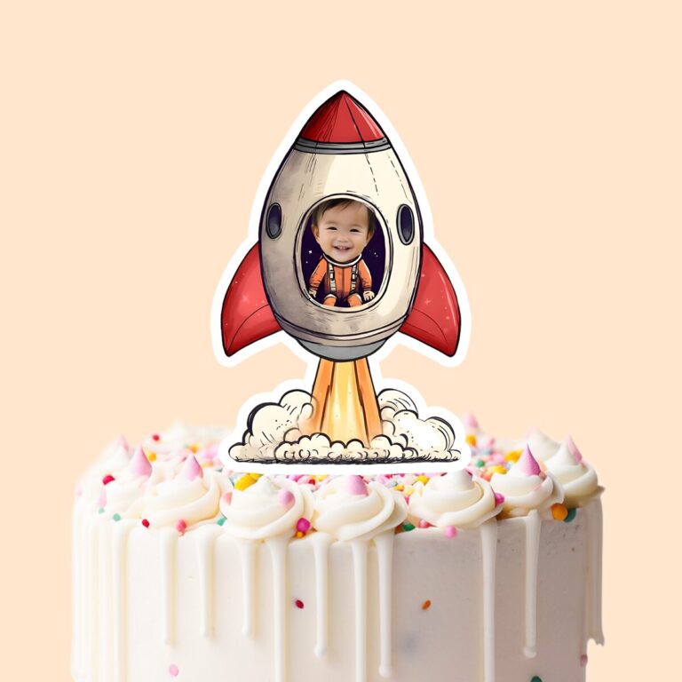 Custom Astronaut in a Launching Rocket Face Cutout – Cake Topper Custom Astronaut in a Launching Rocket Face Cutout shown on a cake topper mockup