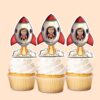 Custom Astronaut in a Launching Rocket Face Cutout – Cupcake Topper Custom Astronaut in a Launching Rocket Face Cutout shown on a cupcake topper mockup