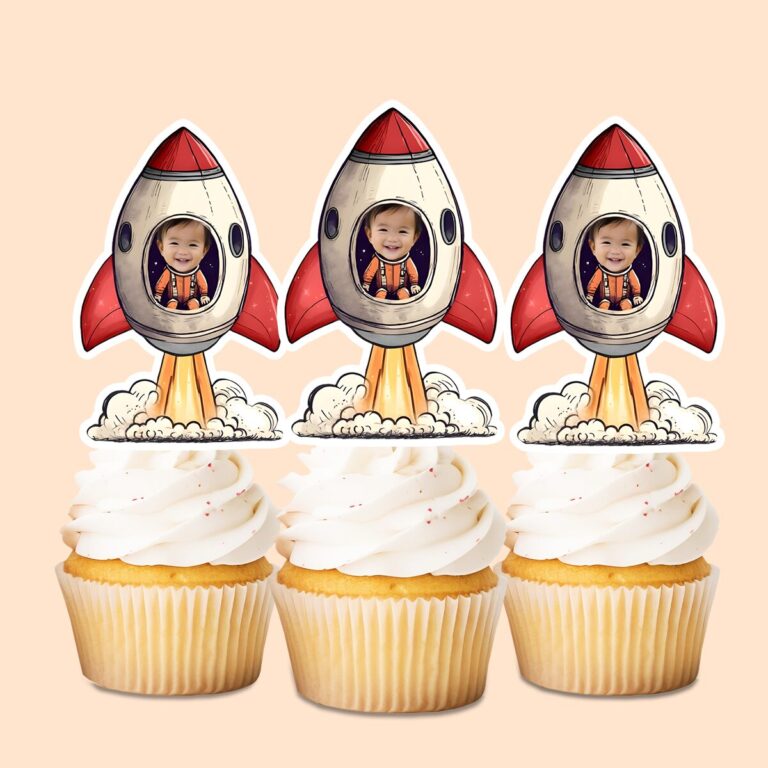 Custom Astronaut in a Launching Rocket Face Cutout – Cupcake Topper Custom Astronaut in a Launching Rocket Face Cutout shown on a cupcake topper mockup